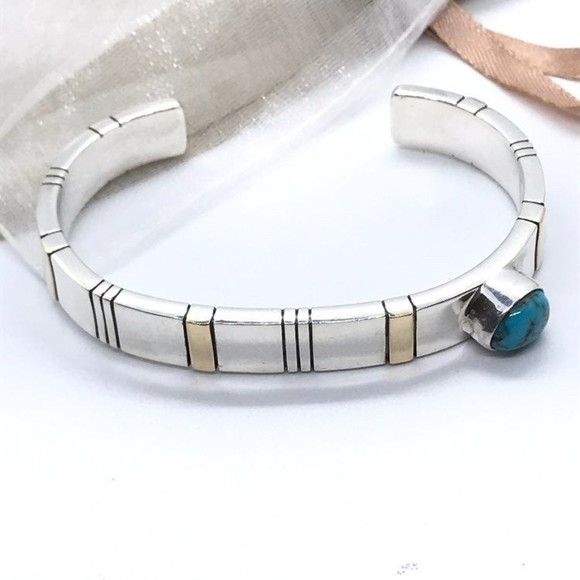 Native Jewelry - Vintage Sterling Silver 14K Craig Agoodie Navajo turqouise Bracelet 7"